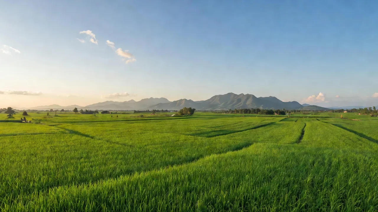 Cảnh đồng ruộng xanh tươi tại xã Bình Tân, huyện Bắc Bình, tỉnh Bình Thuận, dưới bầu trời trong xanh.
