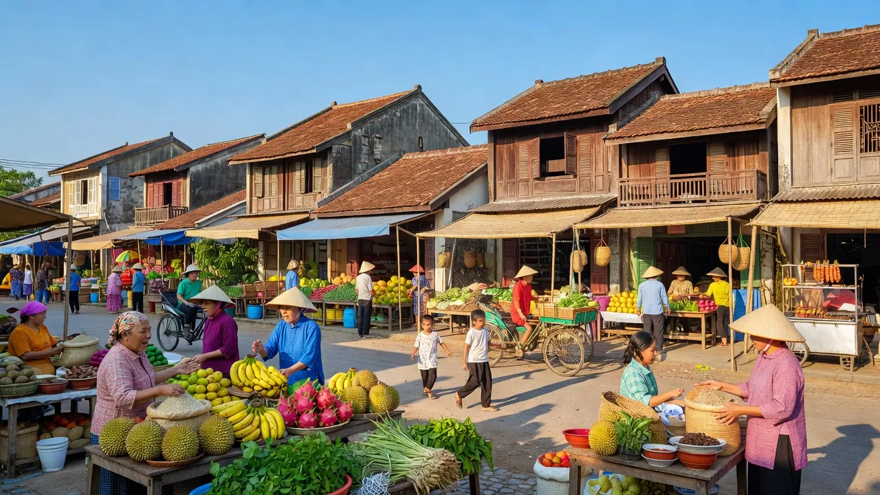 Quang cảnh thị trấn Chợ Lầu, huyện Bắc Bình, tỉnh Bình Thuận với kiến trúc truyền thống và nhịp sống sôi động.