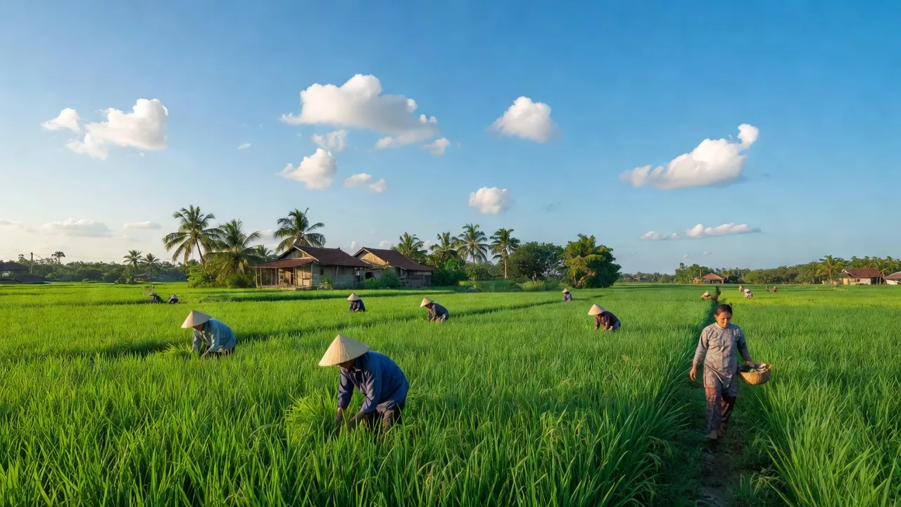 Cảnh đẹp xã Hòa Thắng, huyện Bắc Bình, tỉnh Bình Thuận với đồng xanh và nhà truyền thống.