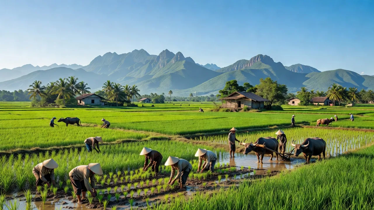 Cảnh sắc xã Hồng Phong, huyện Bắc Bình, tỉnh Bình Thuận với cánh đồng xanh tươi và núi non hùng vĩ.