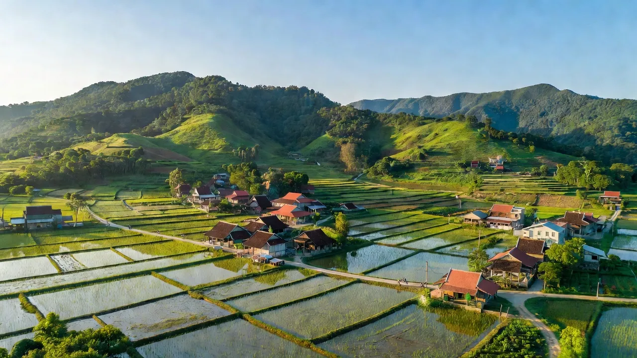 Phong cảnh xã Phan Điền, huyện Bắc Bình, tỉnh Bình Thuận với nhà truyền thống và cánh đồng xanh.
