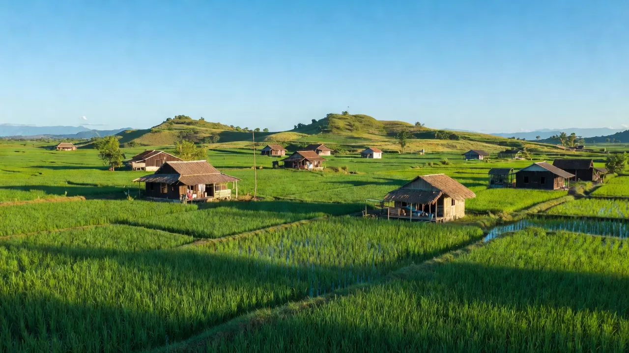 Cảnh sắc xã Phan Hòa, huyện Bắc Bình, tỉnh Bình Thuận với đồng xanh và nhà địa phương.