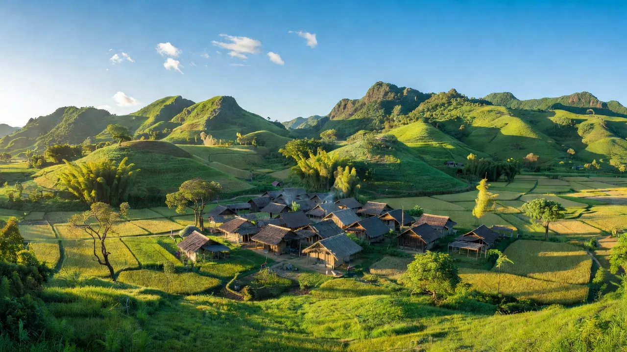 Cảnh quan thiên nhiên xã Phan Lâm, huyện Bắc Bình, tỉnh Bình Thuận với đồi núi xanh và ngôi làng.