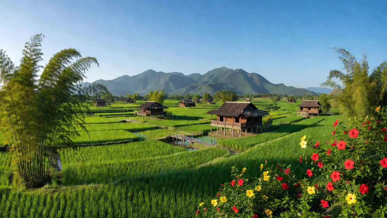 Cảnh đẹp xã Phan Sơn, huyện Bắc Bình, tỉnh Bình Thuận với đồng xanh và nhà truyền thống.