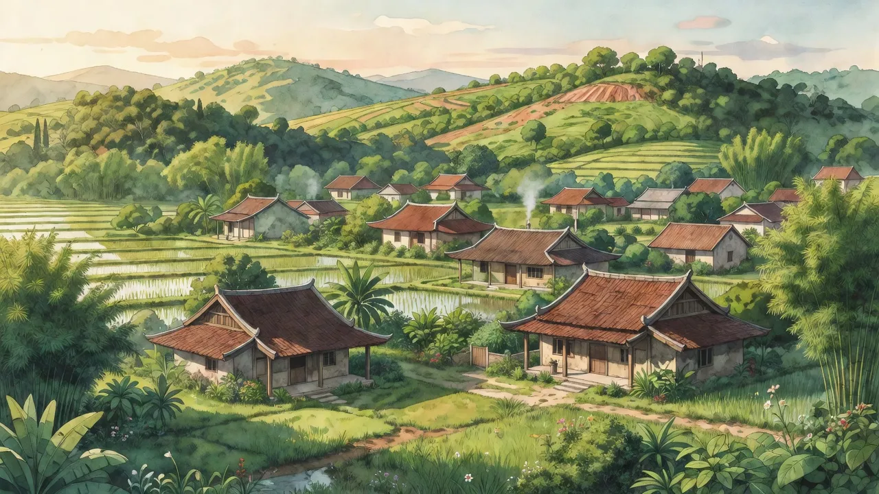 Xã Phan Tiến, huyện Bắc Bình, tỉnh Bình Thuận với cảnh sắc thiên nhiên tươi đẹp và nhà truyền thống.