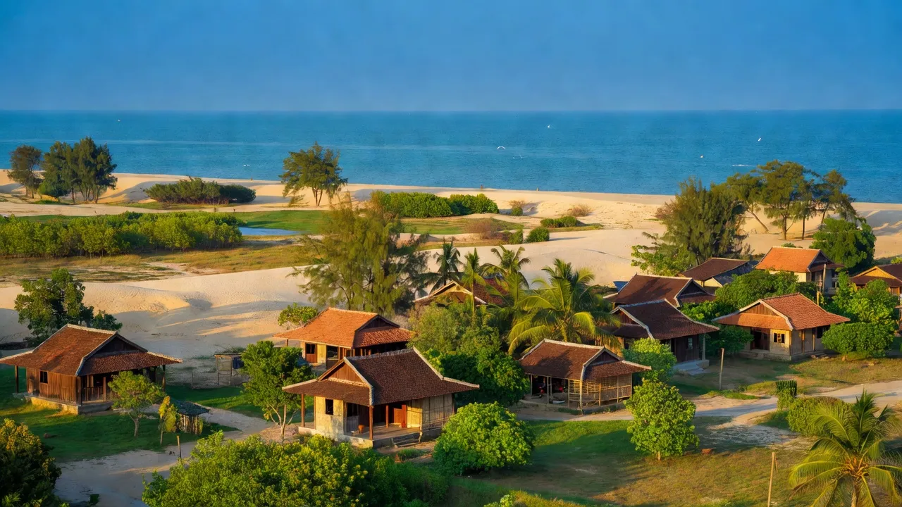 Khung cảnh xã Sông Bình, huyện Bắc Bình, tỉnh Bình Thuận, với nhà truyền thống và cảnh biển đẹp.
