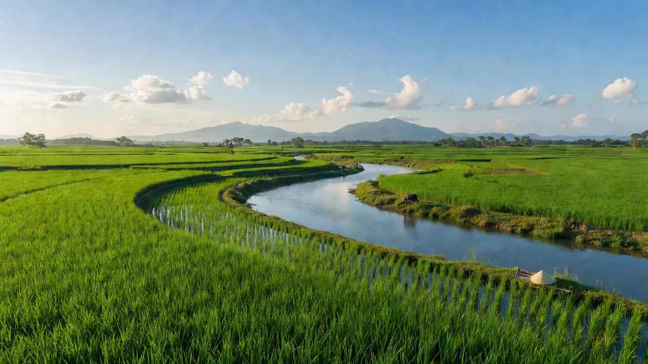 Cảnh đẹp tại xã Sông Lũy, huyện Bắc Bình, tỉnh Bình Thuận với ruộng xanh và núi xa.