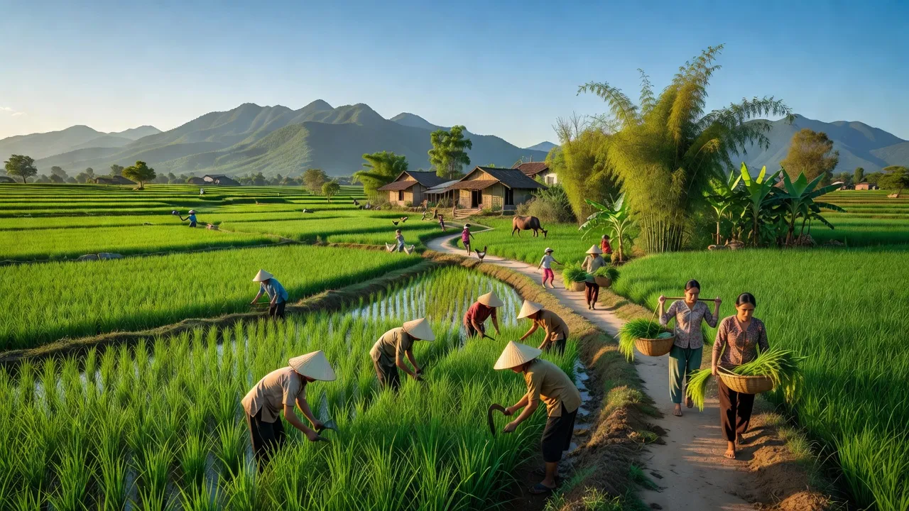 Khung cảnh yên bình của Xã Sông Lũy, huyện Bắc Bình, tỉnh Bình Thuận với cánh đồng và núi.