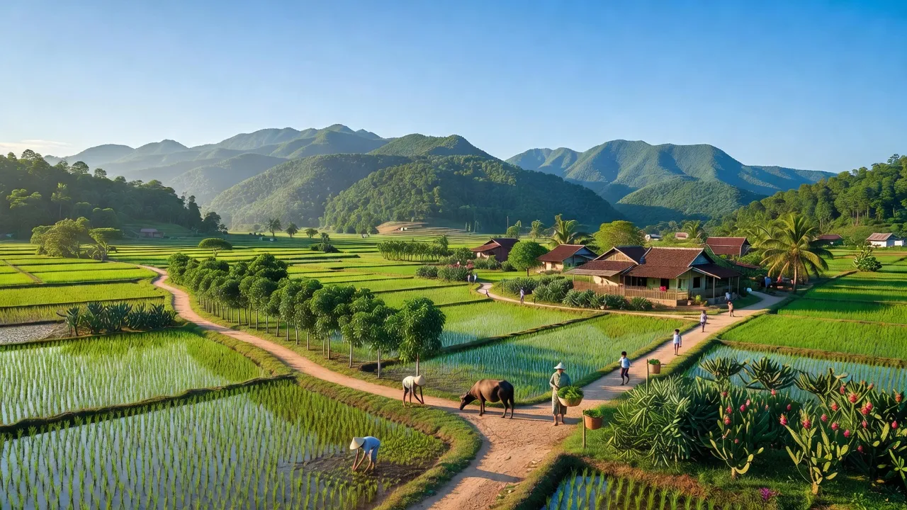 Cảnh quan huyện Đức Linh, tỉnh Bình Thuận với núi rừng, cánh đồng xanh tươi và cuộc sống địa phương.