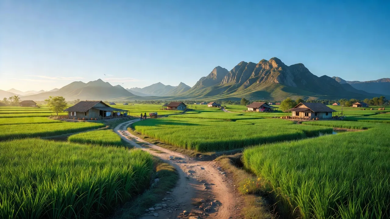Cảnh sắc huyện Đức Linh, Bình Thuận với cánh đồng xanh và núi non hùng vĩ.