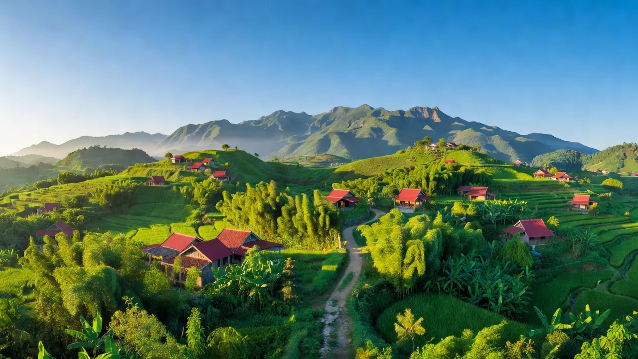 Cảnh đẹp xã Đông Hà, huyện Đức Linh, tỉnh Bình Thuận với cảnh quan xanh tươi và nhà truyền thống.