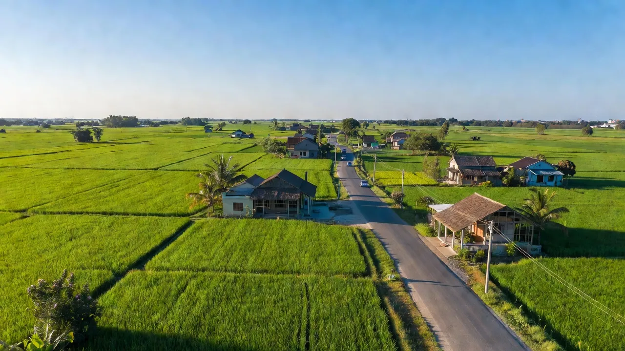 Khung cảnh xã Đức Hạnh, huyện Đức Linh, tỉnh Bình Thuận với đồng xanh và nhà truyền thống bên đường DT766.