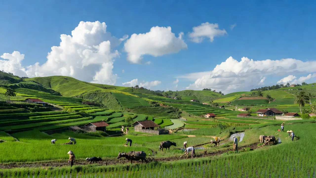 Cảnh quan nông thôn xã Mê Pu, huyện Đức Linh, tỉnh Bình Thuận với đồng cỏ xanh tươi.