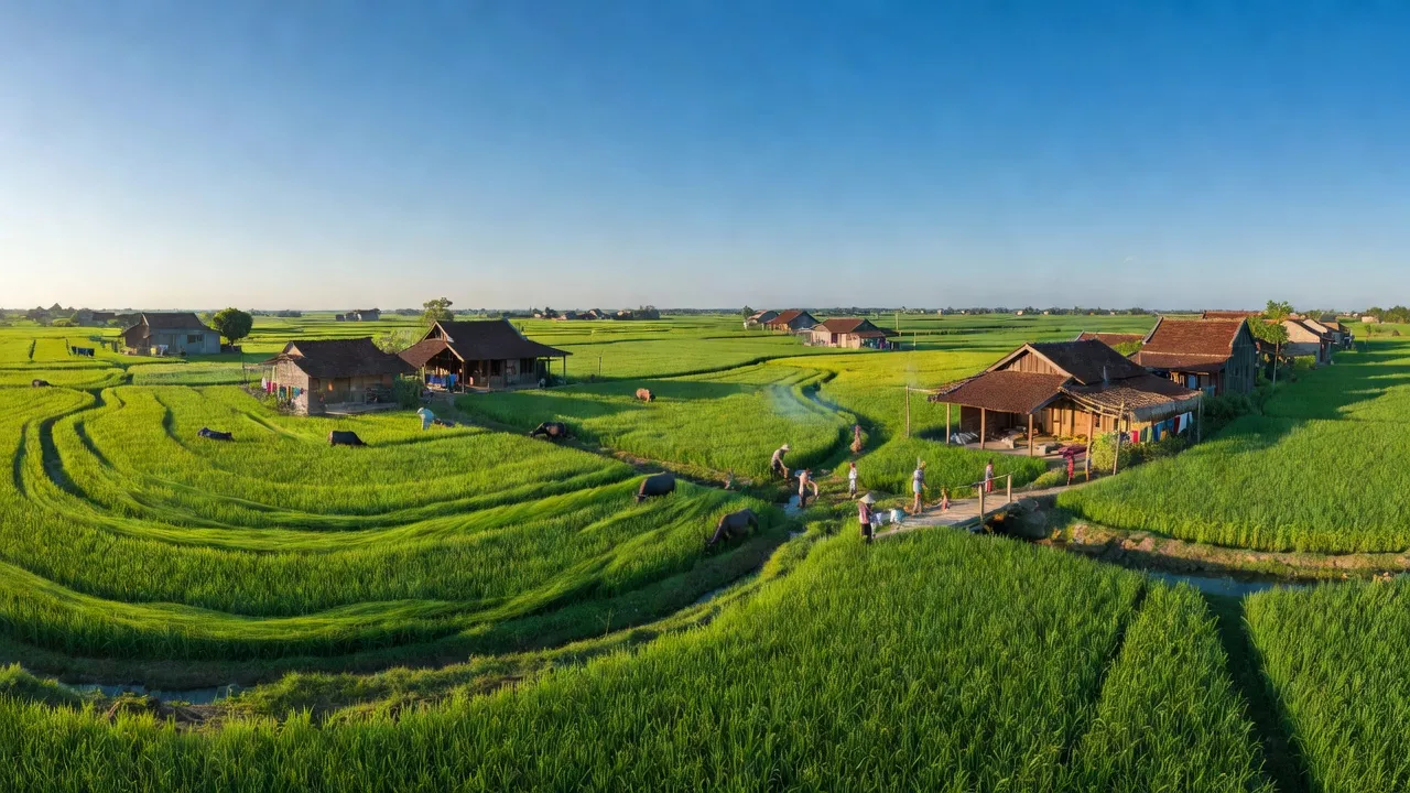 Cảnh đẹp xã Nam Chính, huyện Đức Linh, tỉnh Bình Thuận với cánh đồng xanh và nhà truyền thống.