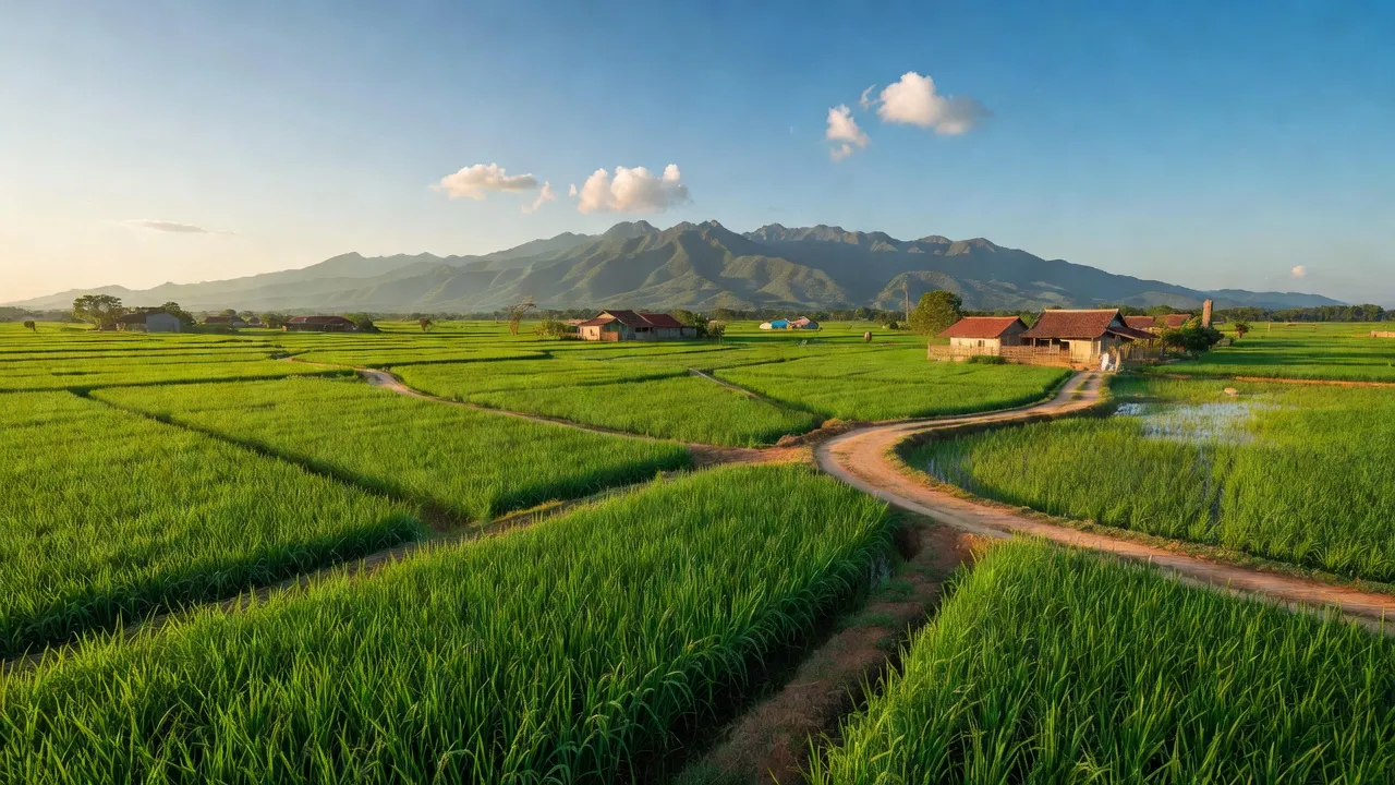 Cảnh đẹp xã Nam Chính, huyện Đức Linh, tỉnh Bình Thuận với cánh đồng xanh và dãy núi xa.