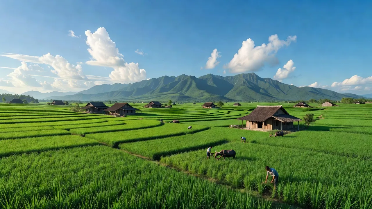 Cảnh đẹp xã Trà Tân, Đức Linh, Bình Thuận với cánh đồng xanh tươi và nhà truyền thống.