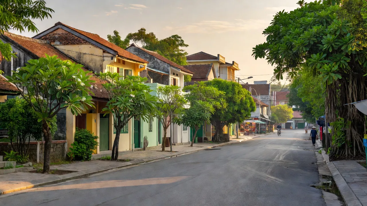 Thị trấn Võ Xu huyện Đức Linh, Bình Thuận, không gian xanh mát với nhà cửa và con đường.