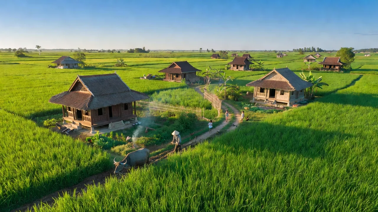 Cảnh đẹp xã Sông Phan, huyện Hàm Tân, tỉnh Bình Thuận với cánh đồng và nhà truyền thống.