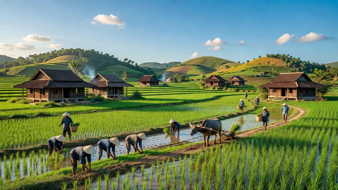 Cảnh Sông Phan, huyện Hàm Tân, Bình Thuận với cánh đồng xanh và người nông dân làm việc.
