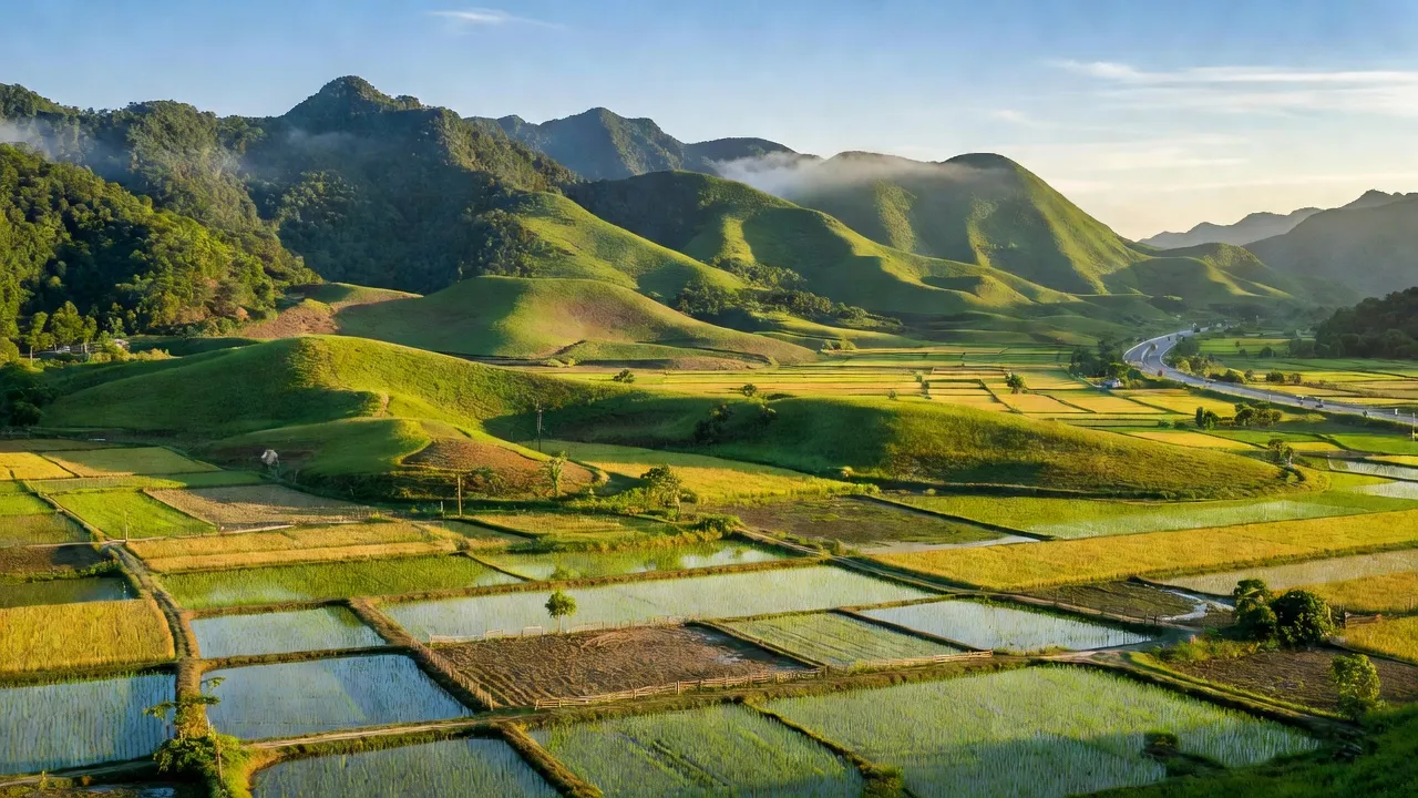 Phong cảnh xã Tân Đức, huyện Hàm Tân, tỉnh Bình Thuận với núi rừng xanh tươi và đồng ruộng.