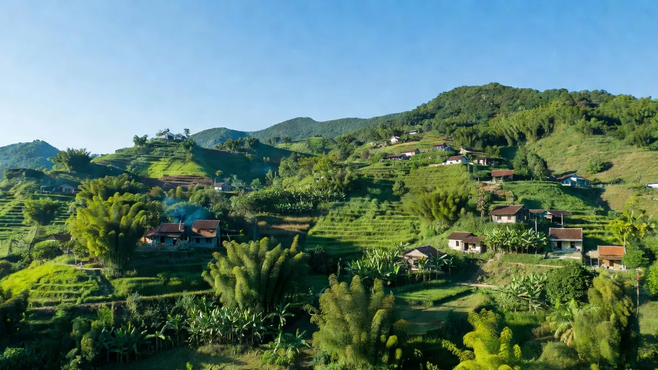Khung cảnh bình yên tại xã Tân Hà, huyện Hàm Tân, tỉnh Bình Thuận với cánh đồng xanh và đồi núi.