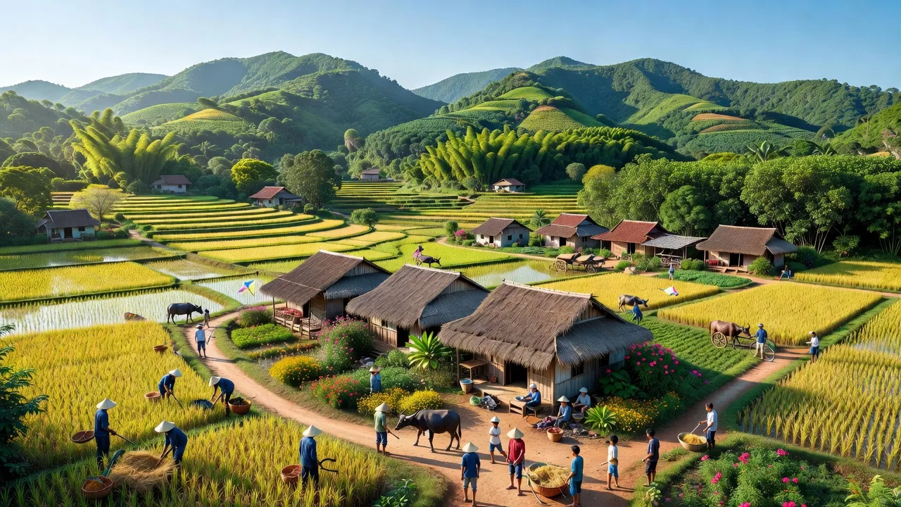 Cảnh đẹp xã Tân Phúc, huyện Hàm Tân, tỉnh Bình Thuận với núi non và nhà cửa truyền thống.
