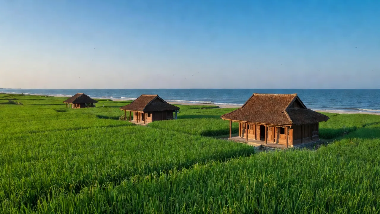 Khung cảnh xã Tân Thắng, huyện Hàm Tân, tỉnh Bình Thuận với cánh đồng xanh và bầu trời trong xanh.