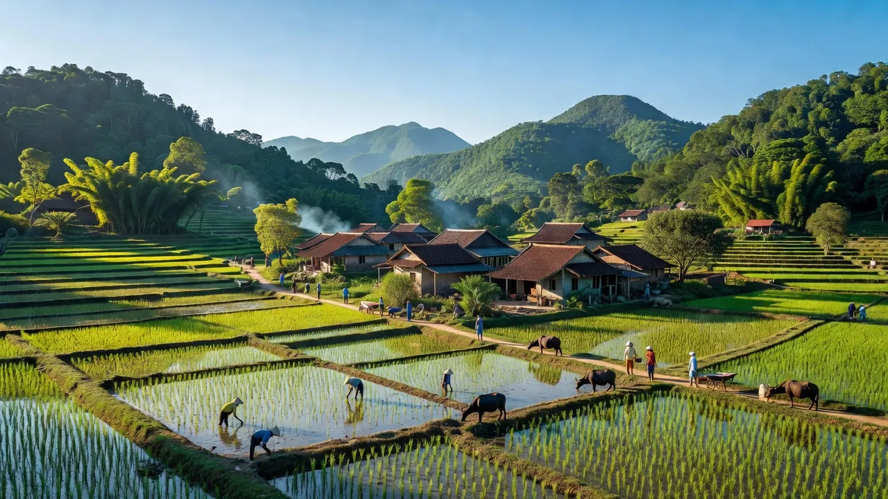 Cảnh quan xã Tân Xuân, huyện Hàm Tân, tỉnh Bình Thuận với núi non và ruộng xanh.