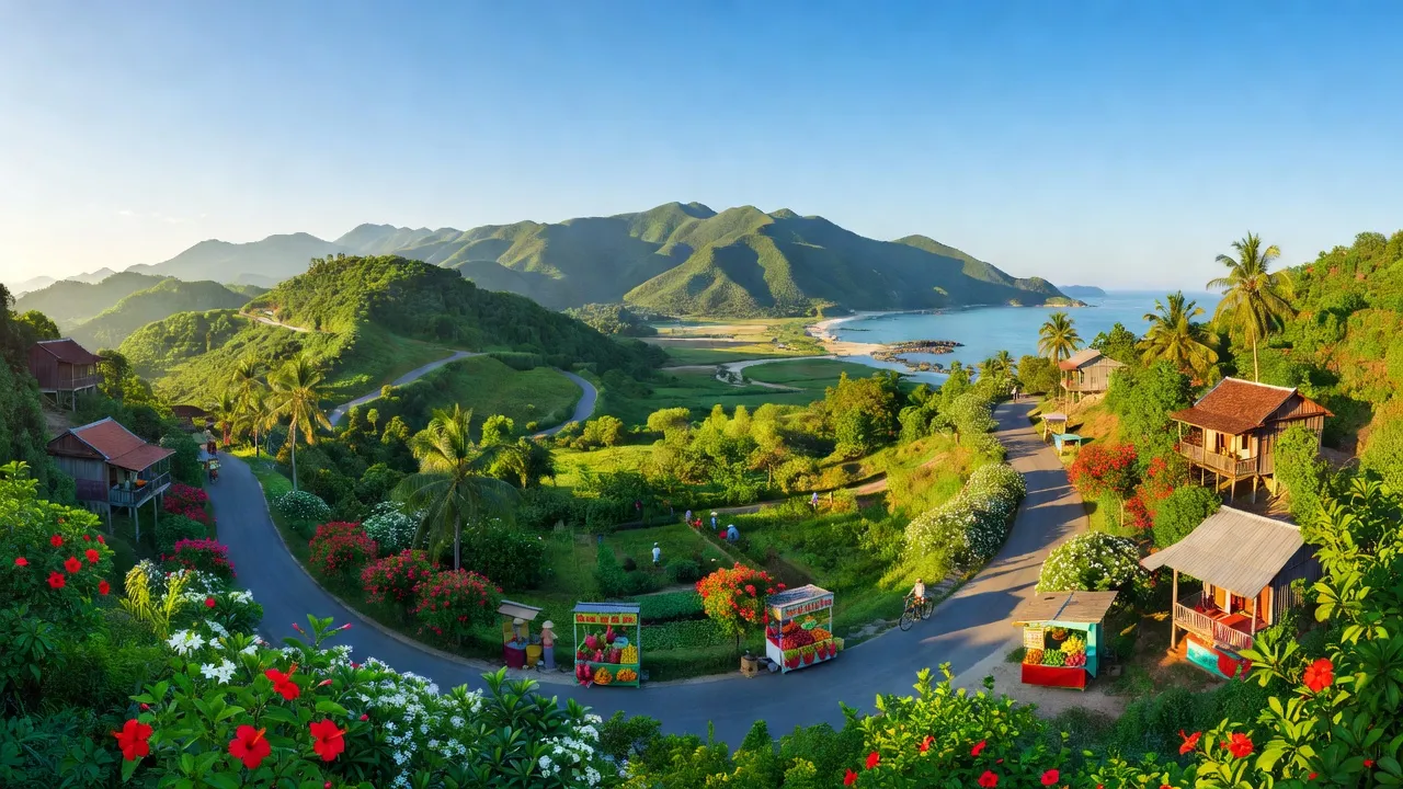 Phong cảnh Xã Tân Xuân, huyện Hàm Tân, Bình Thuận với núi non xanh, đường ven biển và bầu trời trong xanh.
