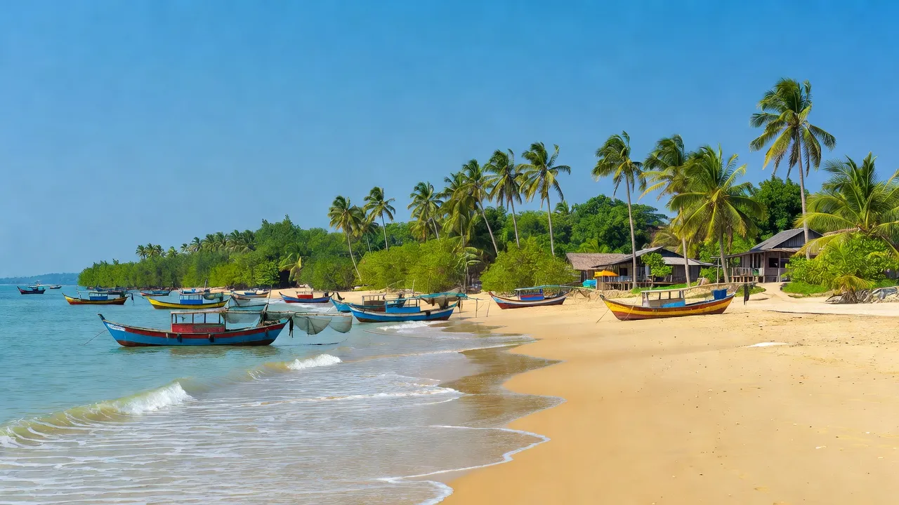 Khung cảnh ven biển Xã Thắng Hải, Huyện Hàm Tân, với bãi biển, thuyền đánh cá và trời xanh.