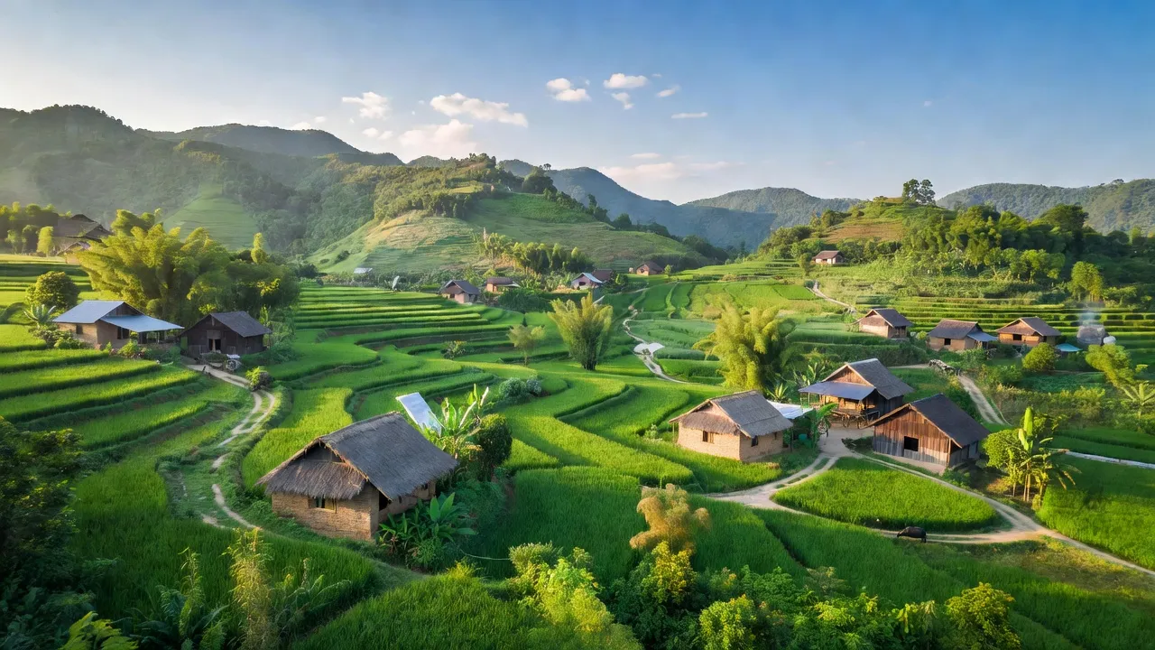Cảnh quan xã Đông Giang, huyện Hàm Thuận Bắc, tỉnh Bình Thuận, đồi núi và nhà nông thôn.