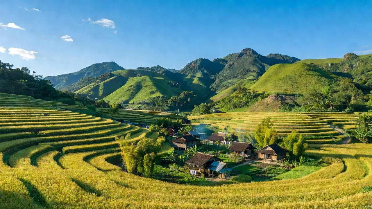 Khung cảnh xã Đông Giang, huyện Hàm Thuận Bắc với đồi núi, cánh đồng, và làng quê.