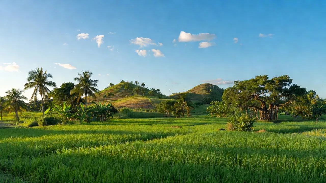 Cảnh nông thôn xã Đông Tiến, huyện Hàm Thuận Bắc, tỉnh Bình Thuận với cánh đồng và đồi nhỏ.