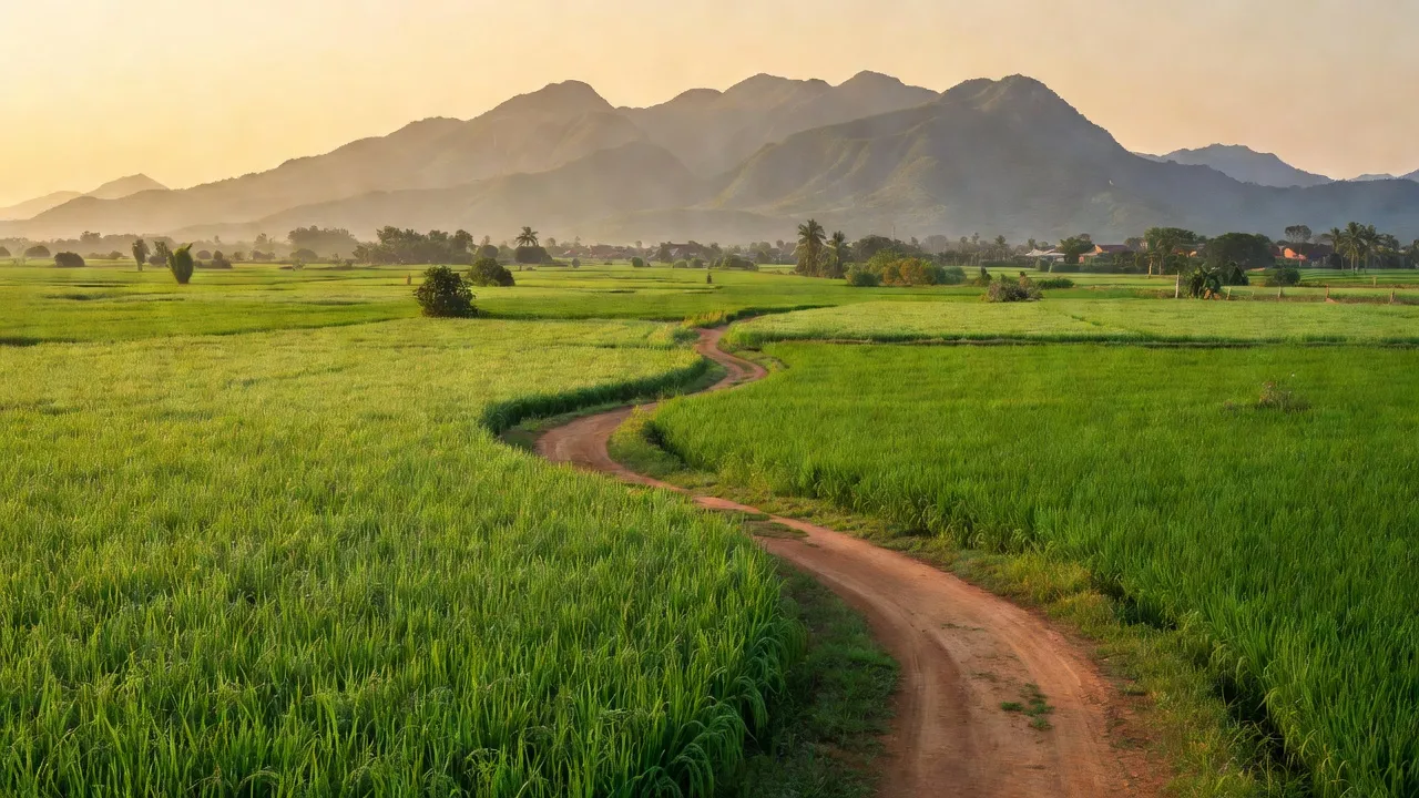 Cánh đồng xanh ở xã Hàm Chính, huyện Hàm Thuận Bắc, tỉnh Bình Thuận, với phong cảnh thiên nhiên yên bình.