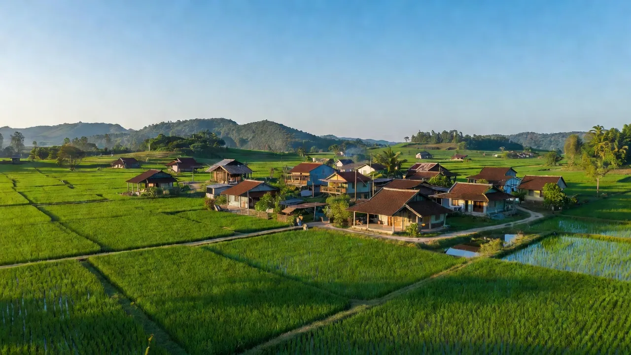 Cảnh đẹp xã Hàm Hiệp, huyện Hàm Thuận Bắc, tỉnh Bình Thuận với cánh đồng xanh và nhà truyền thống.