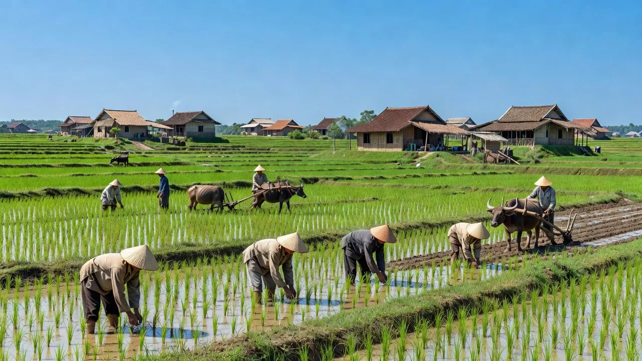 Khung cảnh bình yên xã Hàm Phú, huyện Hàm Thuận Bắc, nơi có ruộng lúa xanh tươi.