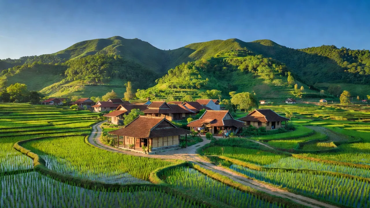 Cảnh đẹp xã Hàm Thắng, huyện Hàm Thuận Bắc, tỉnh Bình Thuận với núi xanh và ruộng bậc thang.