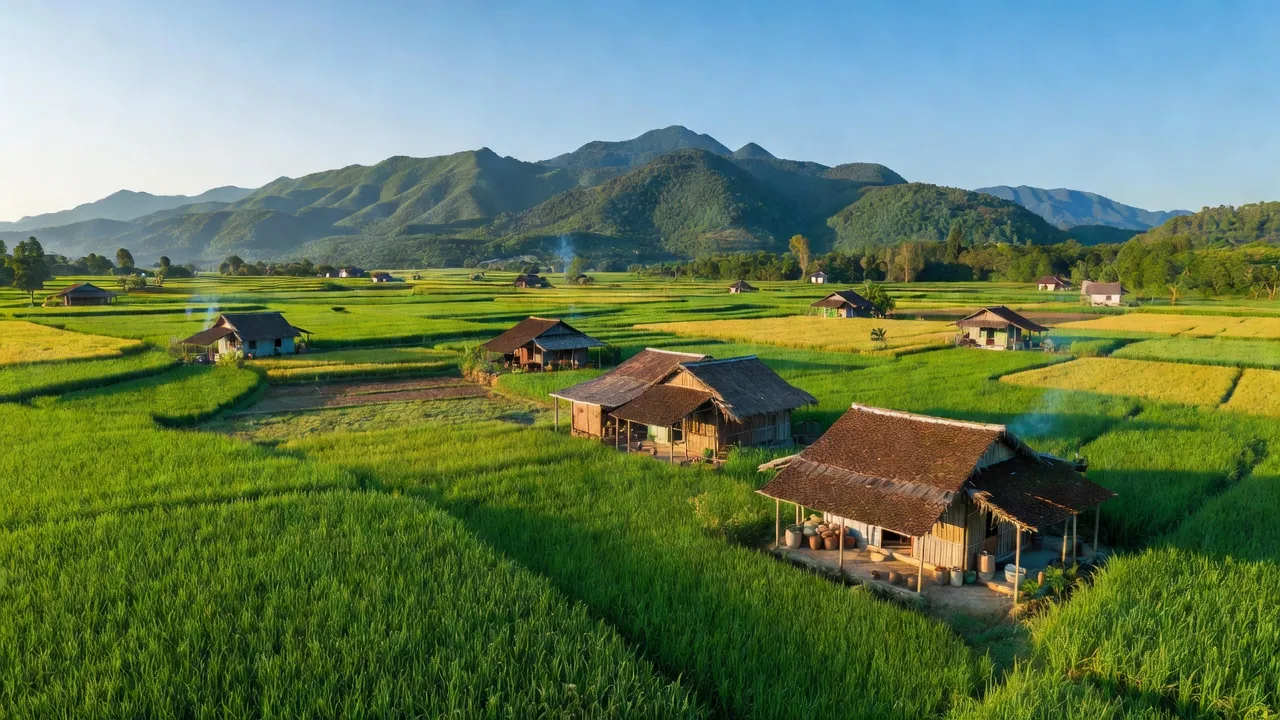 Cảnh quan xã Hàm Thắng, huyện Hàm Thuận Bắc, tỉnh Bình Thuận với đồng xanh và nhà truyền thống.