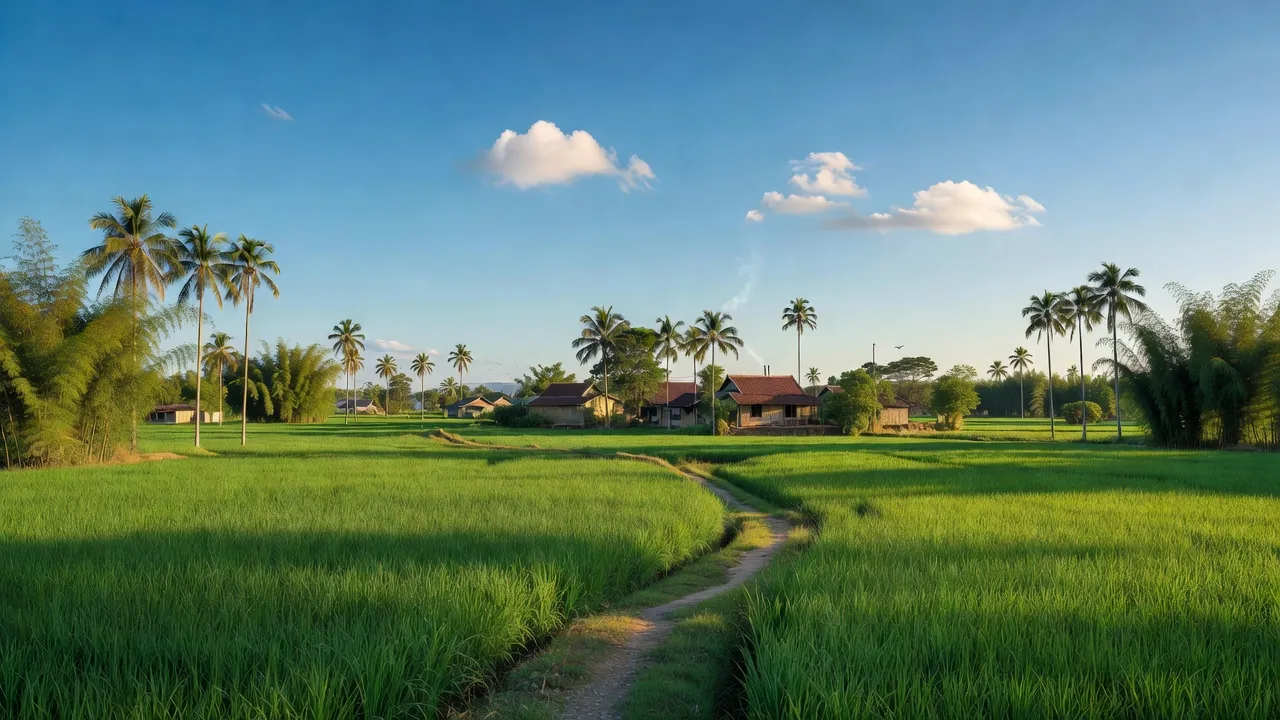 Khung cảnh nông thôn xã Hồng Liêm, Bình Thuận với cánh đồng xanh và bầu trời trong veo.