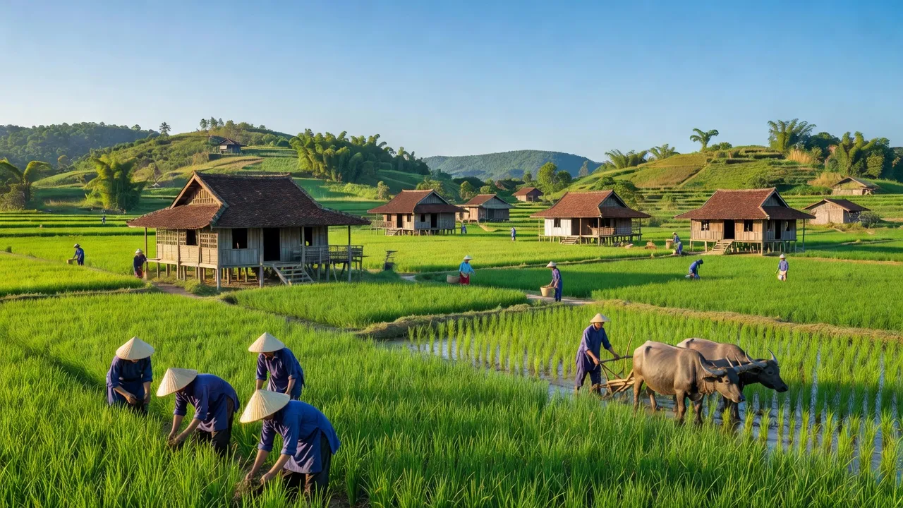 Cảnh quan Xã Hồng Sơn, Huyện Hàm Thuận Bắc với cánh đồng xanh và nhà nông truyền thống.