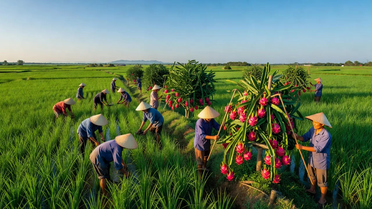 Cảnh đẹp Xã La Dạ, huyện Hàm Thuận Bắc, tỉnh Bình Thuận với cánh đồng thanh long và nông dân làm việc.