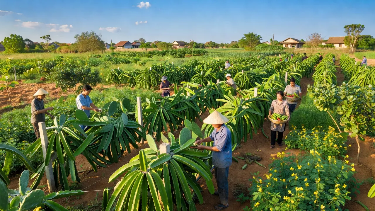 Cánh đồng thanh long tại xã La Dạ, huyện Hàm Thuận Bắc, tỉnh Bình Thuận, thể hiện hoạt động nông nghiệp địa phương.