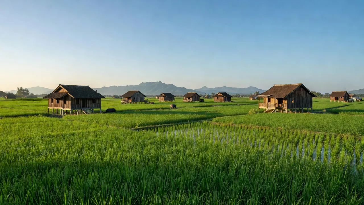 Khung cảnh nông thôn Xã Thuận Hòa, Hàm Thuận Bắc với đồng xanh và nhà gỗ truyền thống.