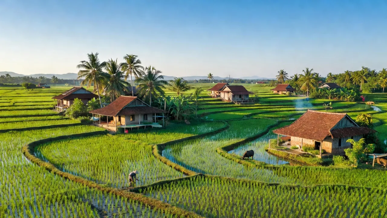 Quang cảnh xã Thuận Hòa, huyện Hàm Thuận Bắc với đồng lúa xanh tươi và nhà truyền thống.