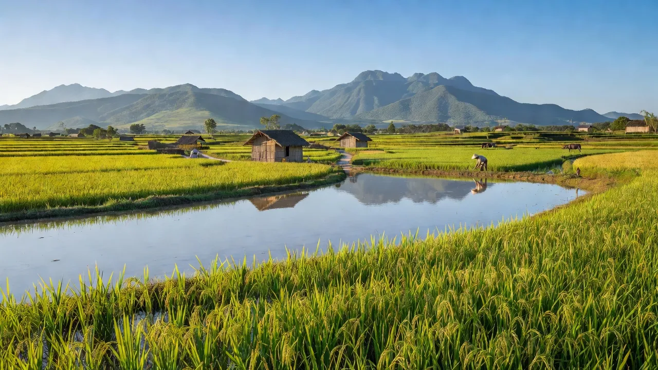 Cảnh quan yên bình xã Thuận Minh, huyện Hàm Thuận Bắc, tỉnh Bình Thuận với cánh đồng lúa xanh tươi.