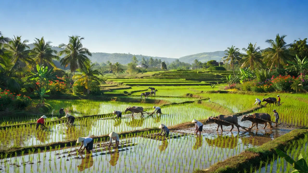 Cảnh quan yên bình xã Thuận Minh, huyện Hàm Thuận Bắc với đồng lúa xanh tươi và người dân địa phương.
