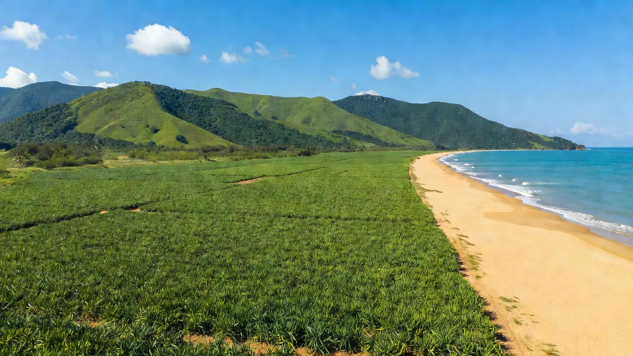Cánh đồng thanh long xanh và bãi biển Hàm Thuận Nam, tỉnh Bình Thuận, bên dưới bầu trời sáng.