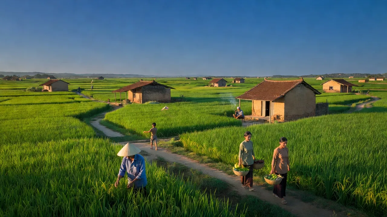Cảnh đẹp xã Hàm Cường, huyện Hàm Thuận Nam, tỉnh Bình Thuận với cánh đồng xanh và bầu trời trong.