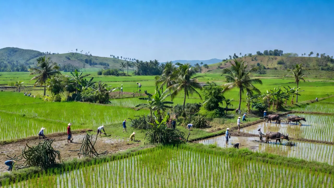 Cảnh sắc làng Hàm Minh, huyện Hàm Thuận Nam, tỉnh Bình Thuận, với khí hậu nhiệt đới và hoạt động nông nghiệp.