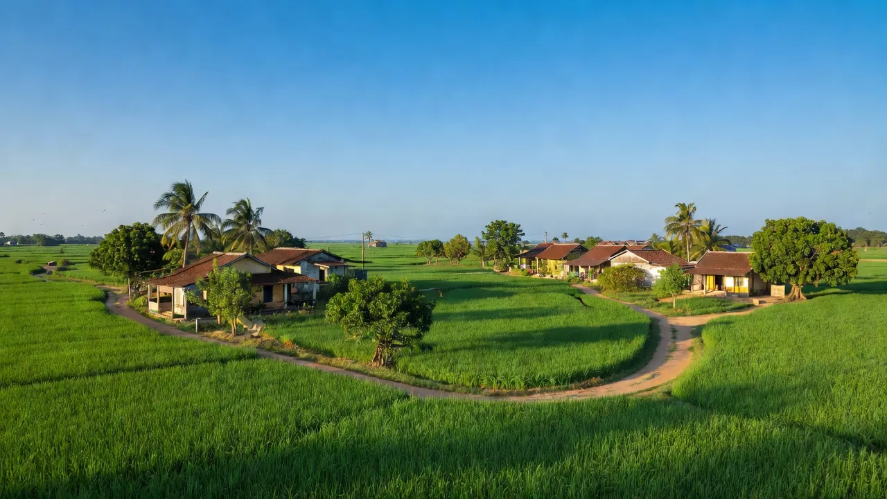 Cảnh đẹp xã Hàm Mỹ, huyện Hàm Thuận Nam với cánh đồng xanh và bầu trời trong xanh.